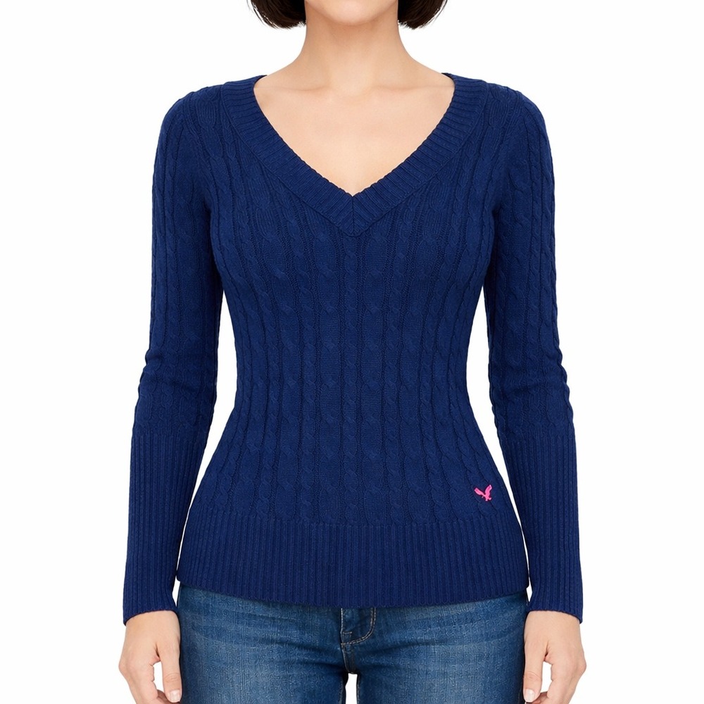 Y2K American Eagle Navy Blue Cable Knit V-Neck Sweater Womens Medium Snatched - Picture 2 of 8